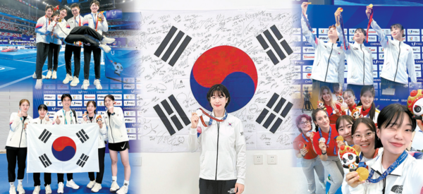 2021 청두 하계세계대학경기대회에서 입상한 선수들이 기념 사진 촬영을 하고 있다. 중앙부터 시계 방향으로 유도, 태권도, 사격, 펜싱, 체조 순이다. 사진에는 한국체대 선수들도 있다.